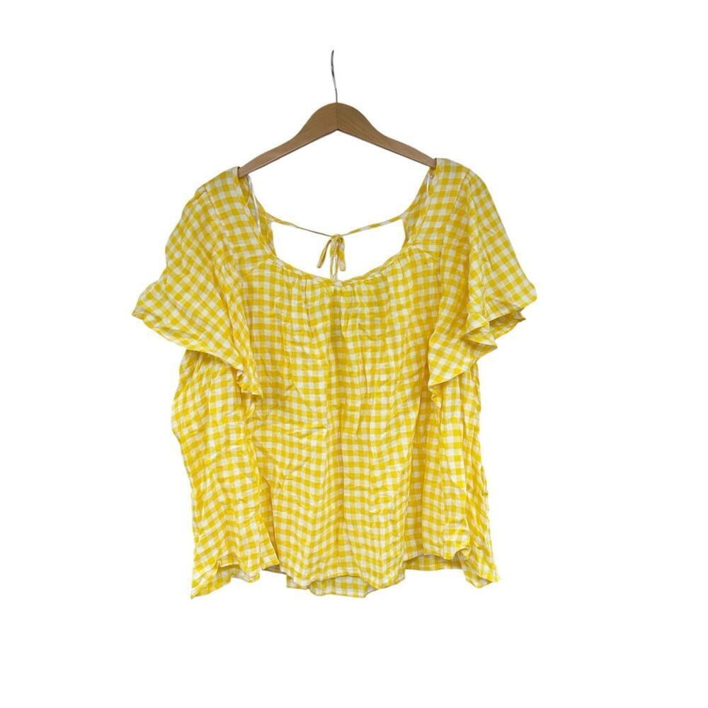 Old Navy Yellow Gingham Plaid Ruffle Tie Back Modest Linen Blend‎ Top Womens 4XL